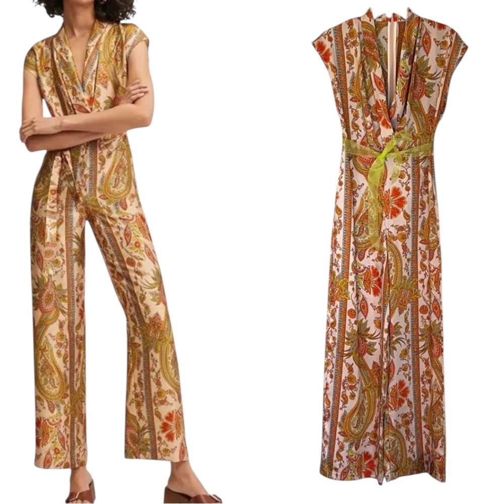 NWT Mango MNG Greeny Paisley Print Tie Waist Wide Leg Jumpsuit in Light Beige XS